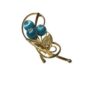 VTG 60s LARGE FLORAL BROOCH TEAL BLUE BERRIES GOLD FILIGREE LEAF BRIDAL WEDDING